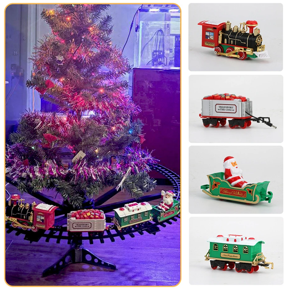 MEOA Rail Train Sets For Christmas Tree Decoration Electric Track Rail Train With With Sound&Lights Railway Car Toys Xmas Gifts