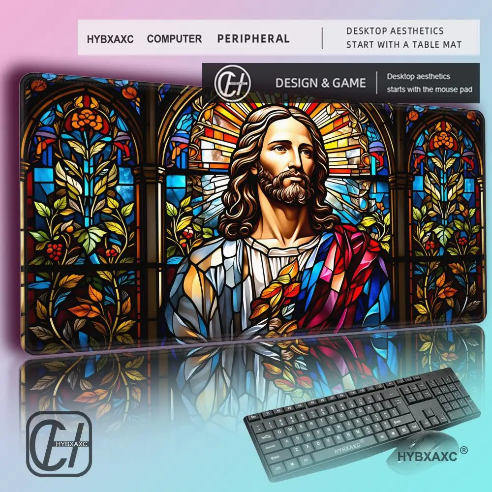 

HYBXAXC Christian Stained Glass Mouse Pad, XXL Non-slip Gaming Desk Mat, Believer Gift