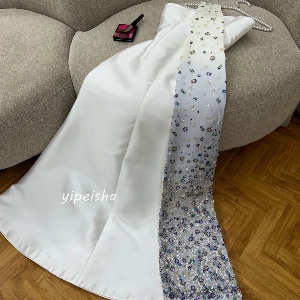 Customized Satin Sequined Flower Ruched Birthday A-line Strapless Bespoke Occasion Gown Long Dresses