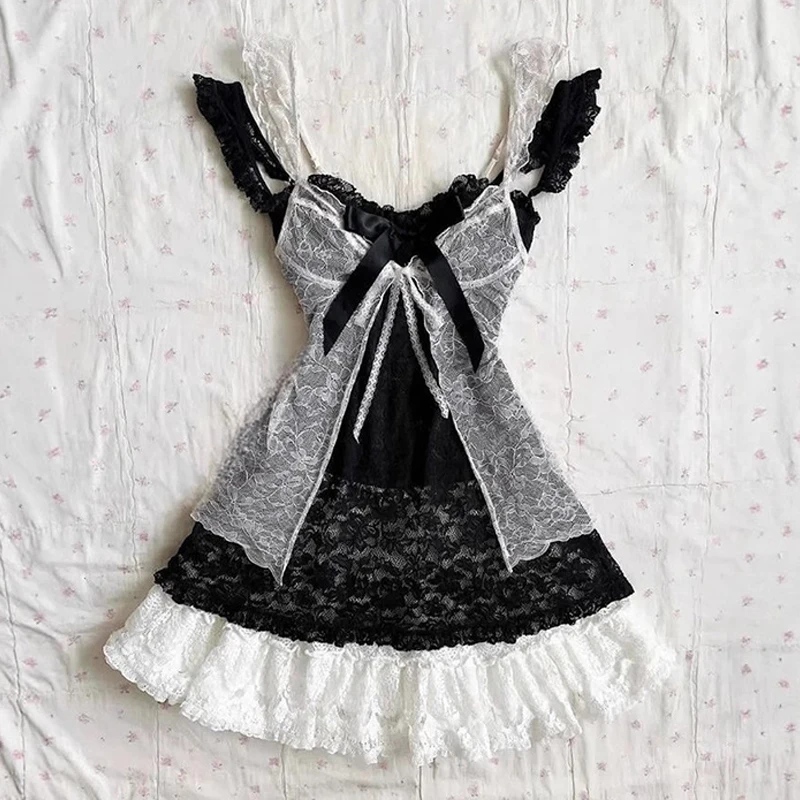 2025 Summer Y2k Aesthetic Lace Jacquard Patch Mini Dress+Sunscreen Transparent Bandage Cardigan Women's Garbage Set