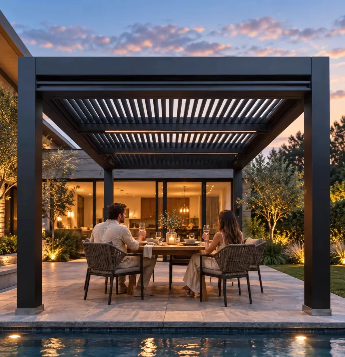 #Aluminum pergola, rainproof, electrically adjustable gazebo, electric louvered awning, outdoor patio sunshade.