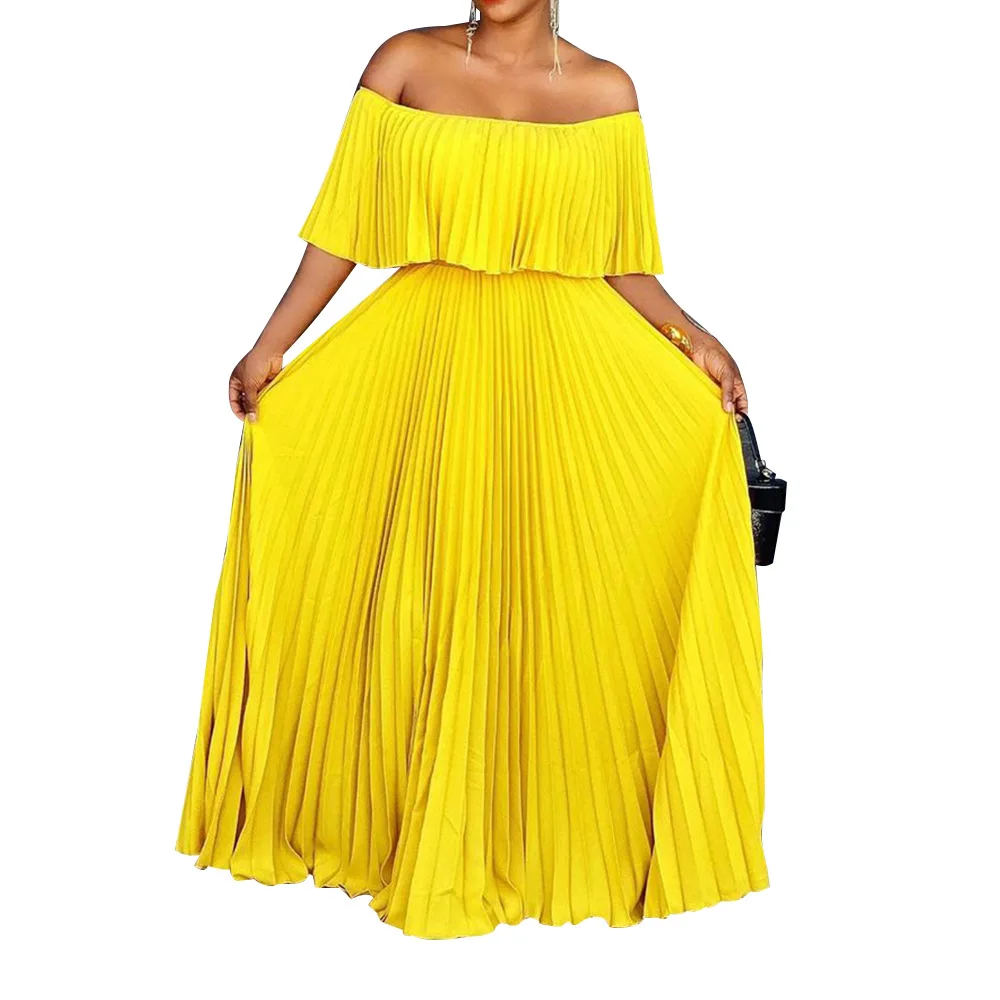 Fashion Summer Beach Holidays Long Dress Plus Size Dress Elegant Solid Off Shoulder pleated long gowns Women Dress