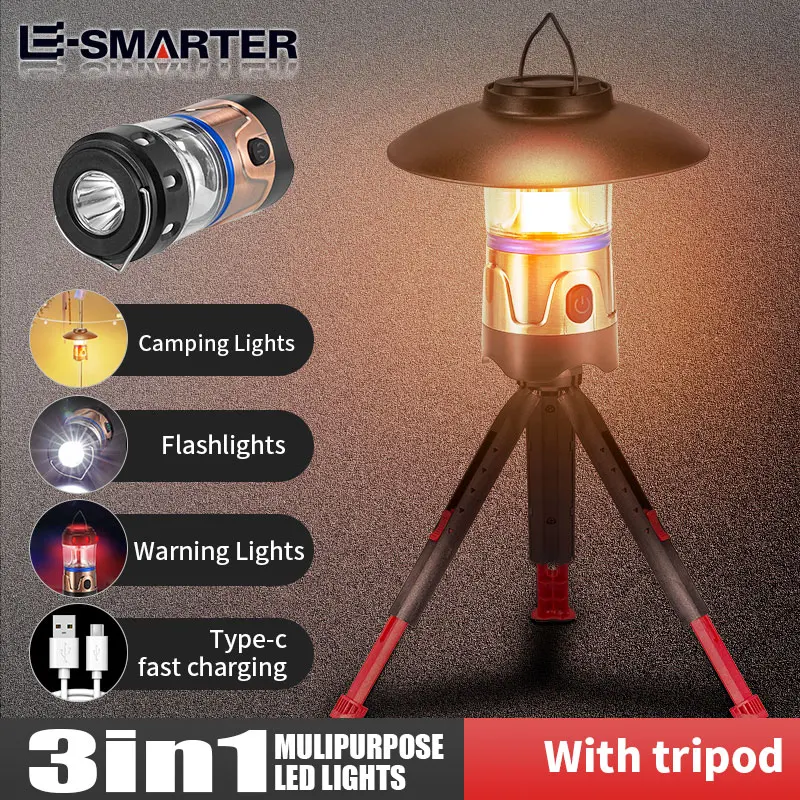 3 in 1 Portable LED Camping Lantern 4 Lighting Modes Flashlight Emergency Lamp USB Rechargeable Outdoor Camp Light With Tripod
