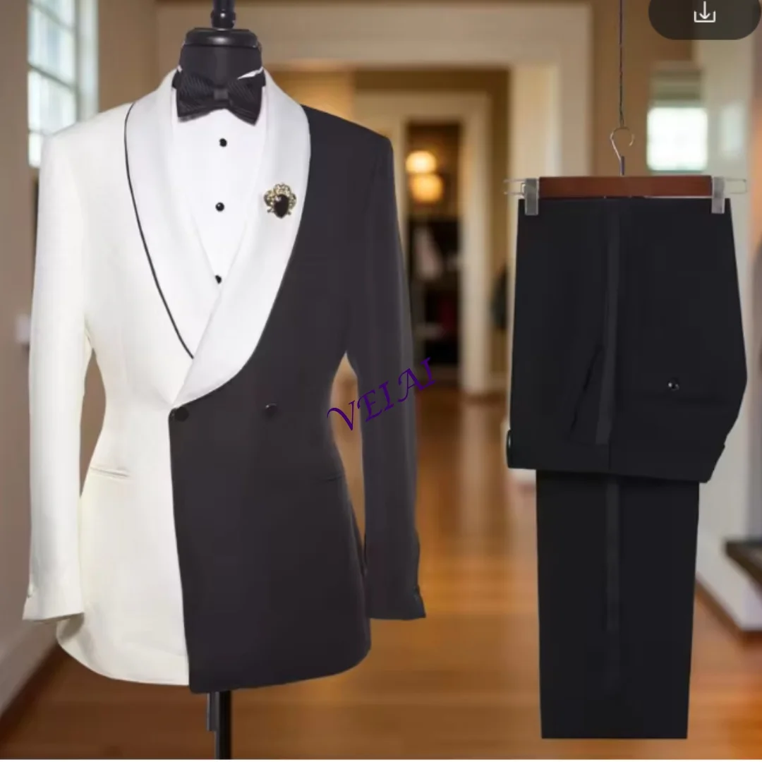 

Customized Breasted Formal Men Suits Slim Fit Black and White Wedding Tuxedo 2 Pieces Custom Made Suit Jacket and Pants