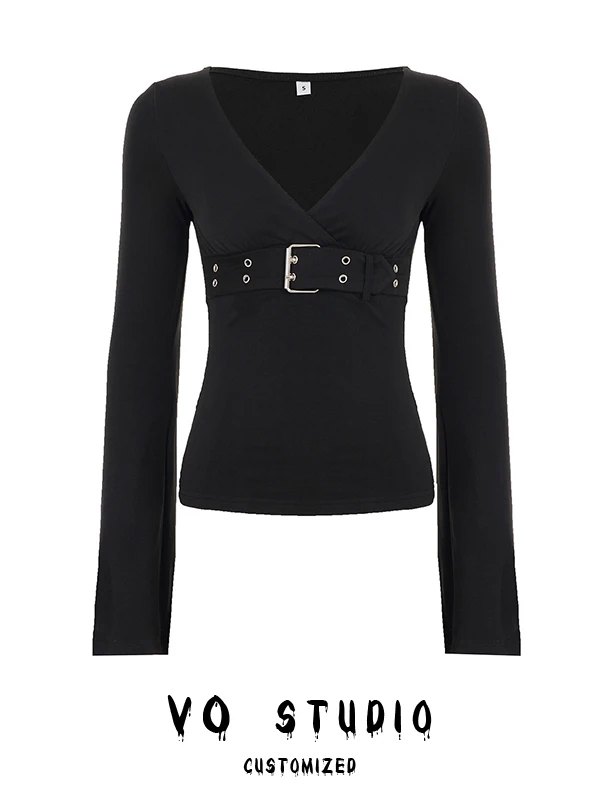 

Женская черная готическая футболка Harajuku Y2k, футболки, топ, винтажные эстетические асимметричные футболки с длинными рукавами, одежда больших размеров в стиле эмо 2000-х годов