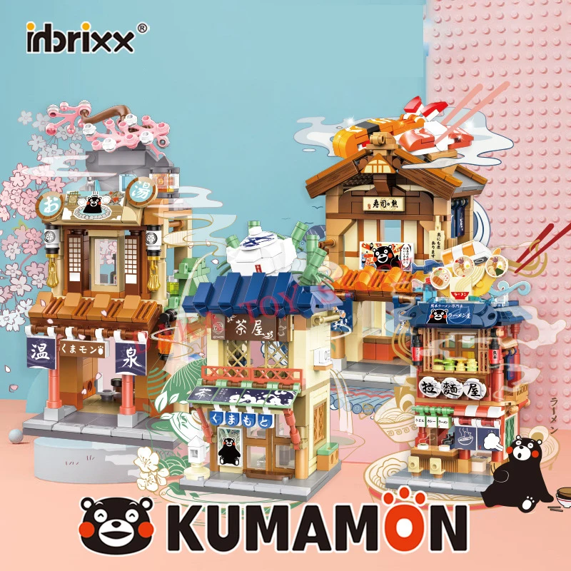 

PANLOS Kumamon Bear Creativity Stree View Sakura Flowers House Building Blocks Coffee Shop Country Bricks Toys Gifts For Kids