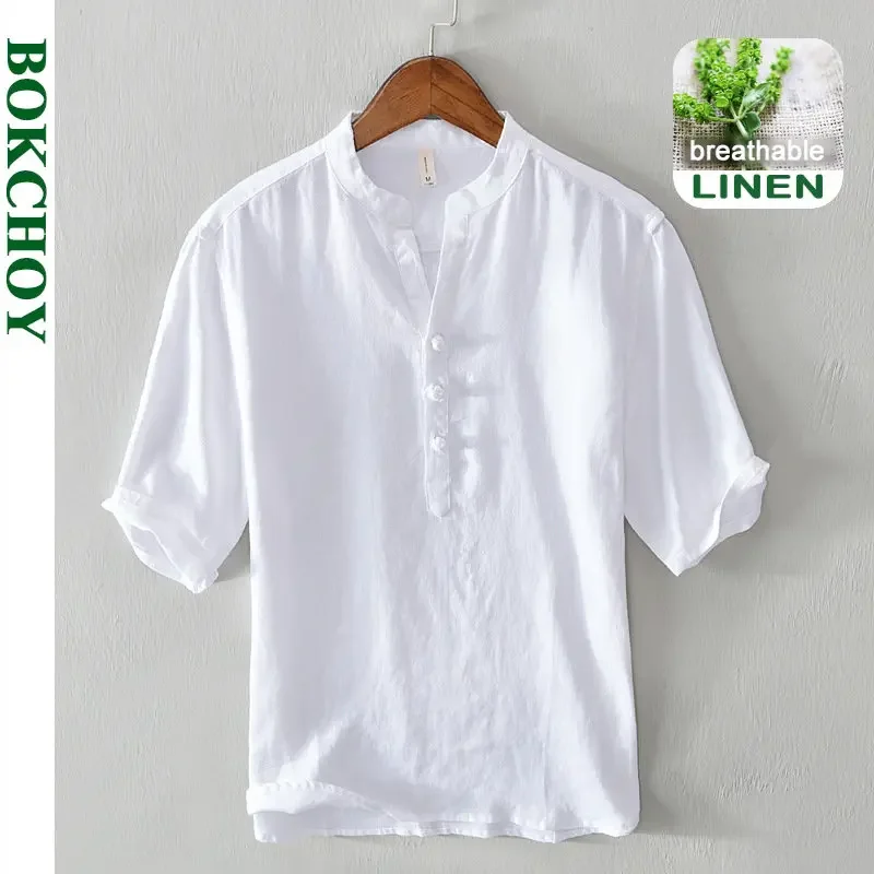 Lato nowy Vintage czysty len T-Shirt dla mężczyzn cienkie i proste jednolity kolor szczupła odzież męska B3309