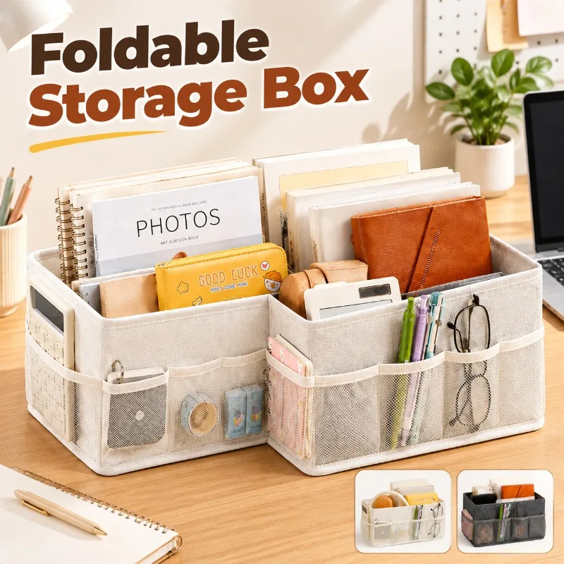 Foldable Desktop Storage Box with Mesh Pocket, Multifunctional Household Organizer, Portable Desk Container for Dorm Bedroom