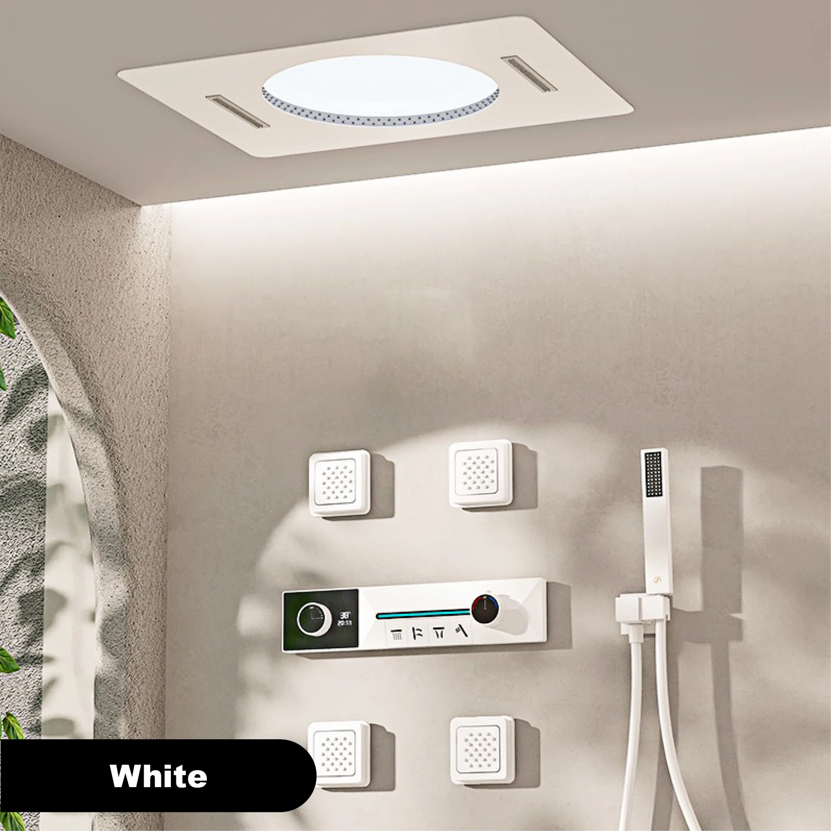 Gunmetal Grey plafondgemonteerd 4-functie watervaldouchesysteem met ingebed messing thermostatisch LED-displaylichaam voor badkamer
