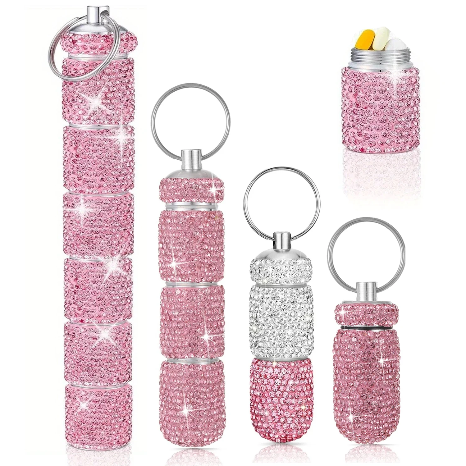 Portable Bling Keychain Storage Box 1-6 Compartments Travel Storage Case Pill Organizer Rhinestone Cute Beautiful Pill Holder