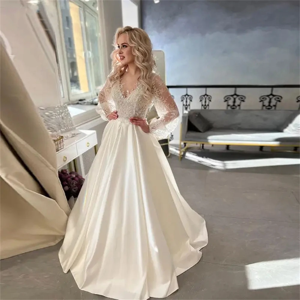 

Sexy Vintage Wedding Dresses For Women Satin A-Line Bridal Gowns Appliques Robe Long Puff Sleeves Vestidos De Novia Customized