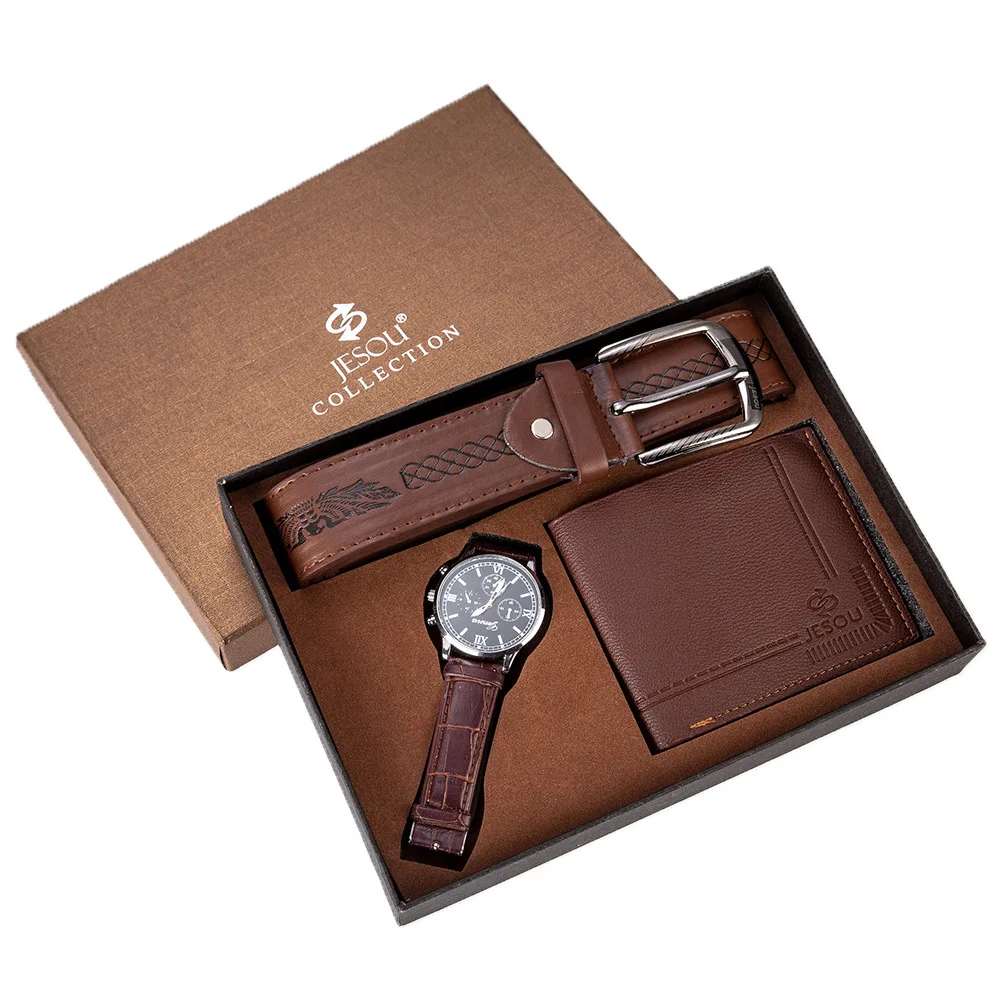 3pcs Set Men\'s Gift Set Luxury Vintage Quartz Watch Brown Leather Belt Wallet Suit Gift Set for Men Boyfriend Dad Drop Shipping