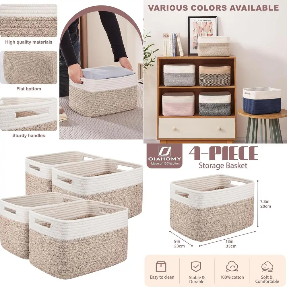 

4 Pack Storage Baskets for Organizing, Basket for Shelves with Handle, Woven Baskets for Storage Toys, Towels, Books, Cotton Rop