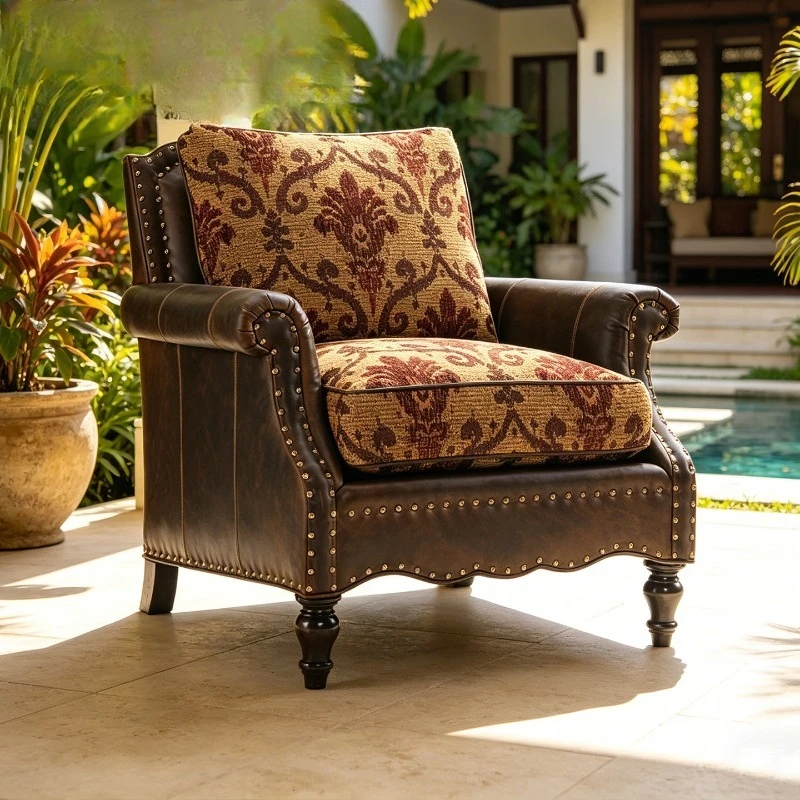 American country all solid wood old first layer cowhide single sofa villa living room leather lazy chair