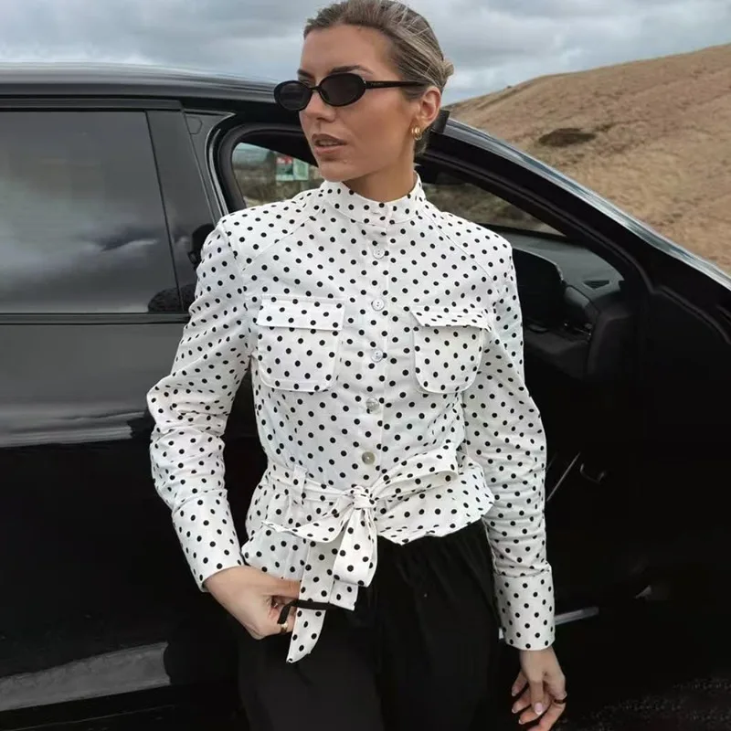 

Ticketsx Women's Polka Dot Pants Set Fashion New Lace Up Shirt Top Casual Slim Pants Set Elegant Commute Female Pants Set