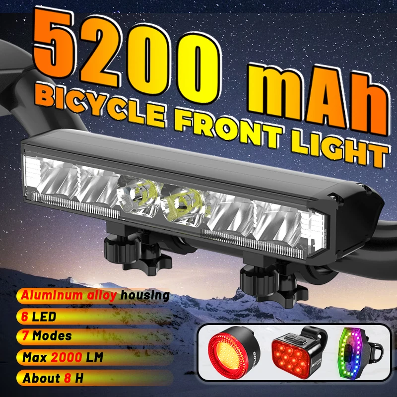 

5200mAh Bike Light Front 6 LED 7 Modes Bicyle Light Type-C Charging Aluminum Alloy MTB Road Bike Headlight Bicyle Accessories