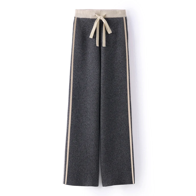 New Elegant Autumn Winter Women Wool Wide Leg Pants Color Block Drawstring Knited Cashmere Pants Woman 100% Merino Wool Trousers