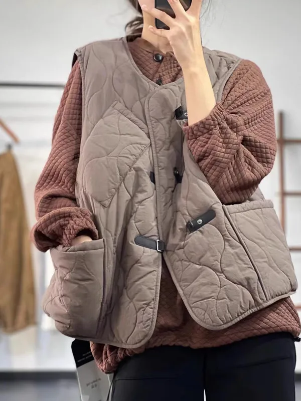 

Женский шерстяной хлопковый жилет с подкладкой, осень-зима, новая простая легкая верхняя одежда с хлопковой подкладкой, круглая застежка на пуговицы