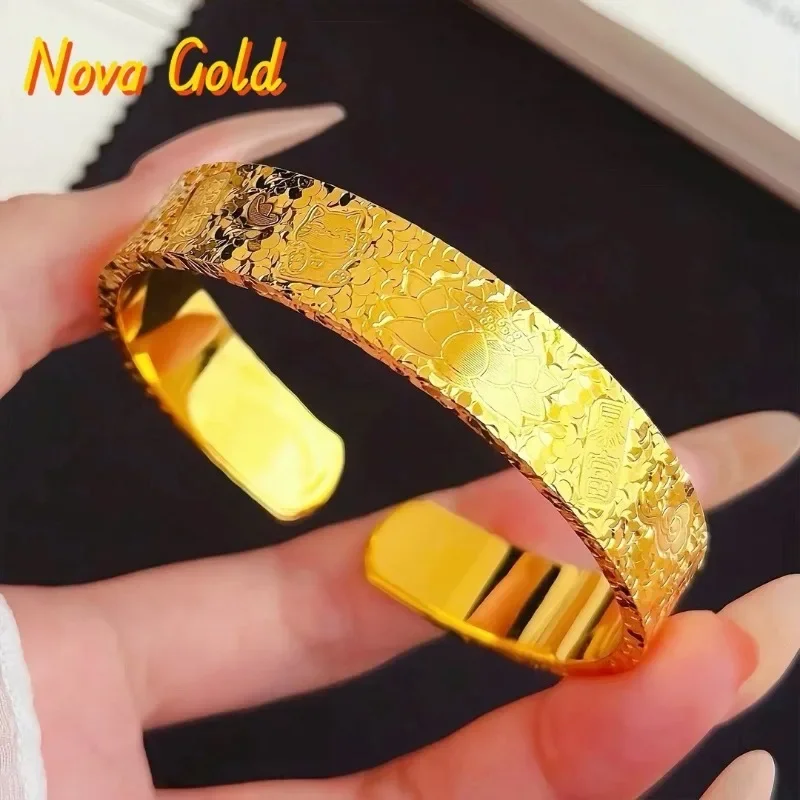 

Браслет NovaGlod в стиле золотых украшений, 9999 пробы, 24K, из настоящего золота, широкий, с благоприятными надписями, с гравировкой лотоса, дизайн «Разбитый лед», открытый.