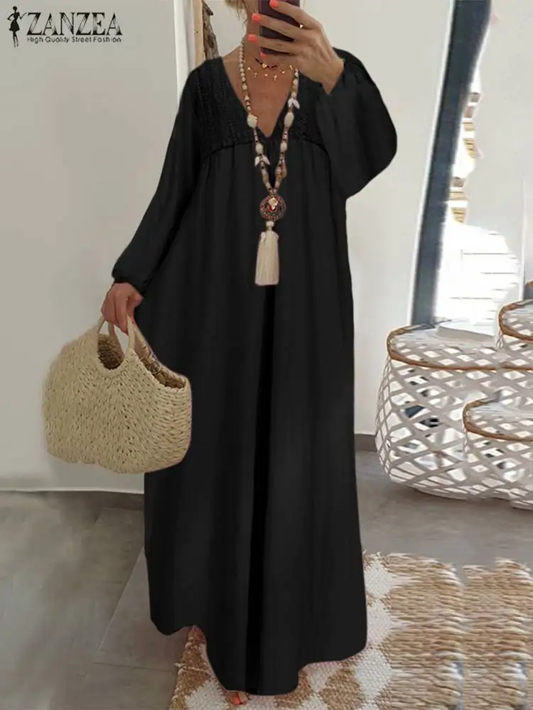 ZANZEA donna scollo a V manica a sbuffo Maxi vestito 2024 autunno abiti in pizzo Sexy cotone abiti da festa Casual larghi larghi abiti lunghi