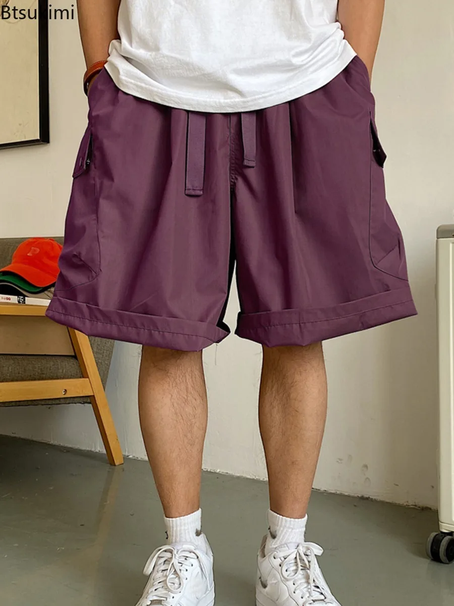 2025 Summer Men's Solid Color Big Pockets Cargo Shorts Loose Drawstring Straight Sweatpants Hip Hop Streetwear Man Casual Shorts