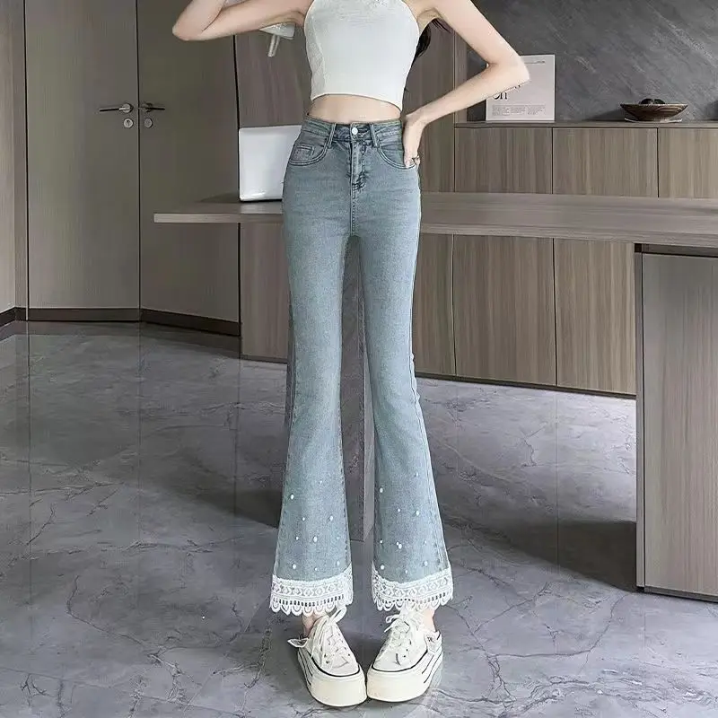 

Fashion Women Flared Jeans High Waist Cropped for Petite Spring Summer New Bead Lace Details Slimming Fit