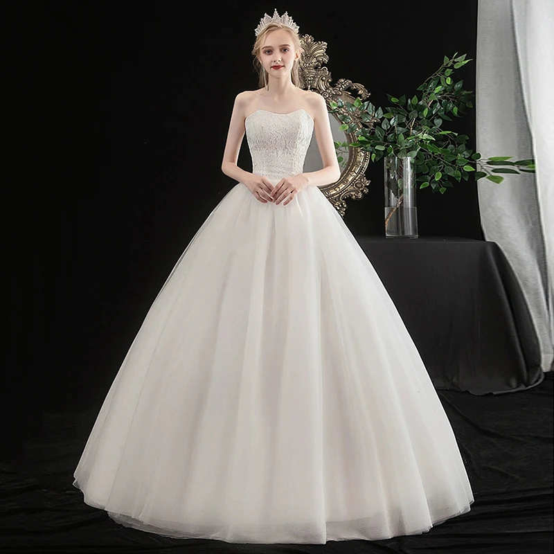 AnXin SH princess white flower lace strapless sleeveless ball gown lace up party bride simple customized wedding dress