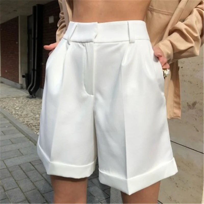 2023 Verão Livre Terno Cinto Shorts Perna Larga Solta Bermuda Shorts para As Mulheres de Cintura Alta Rosa Preto Algodão Shorts OL Workplace Wear