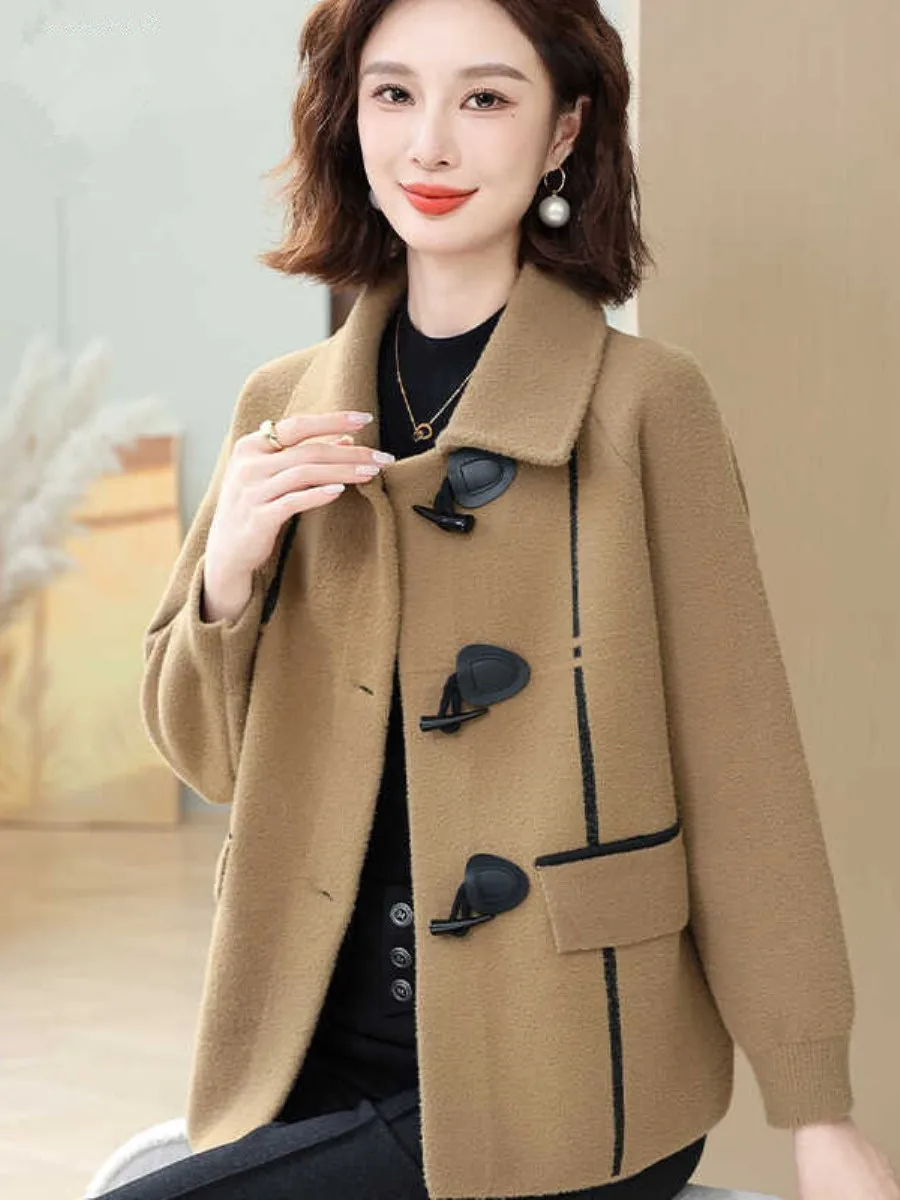 

Double-Faced Woolen Short Coat Mommy Style Autumn Winter Fashionable Button Outerwear for Middle-Aged And Elderly Women