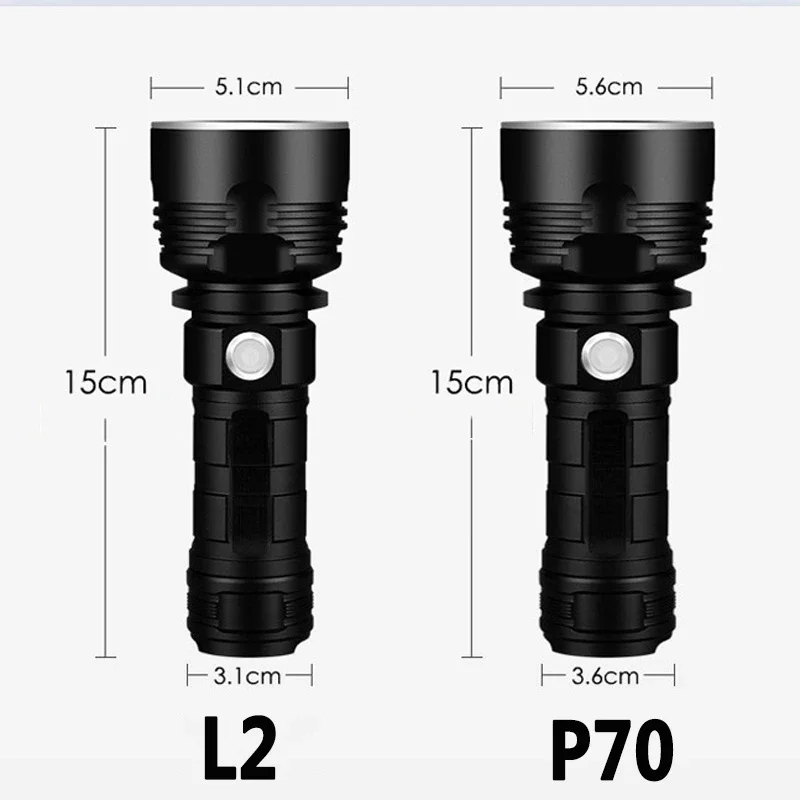 Linterna LED súper potente L2 P70, linterna táctica recargable de largo alcance, lámpara impermeable, linterna ultrabrillante para exteriores,