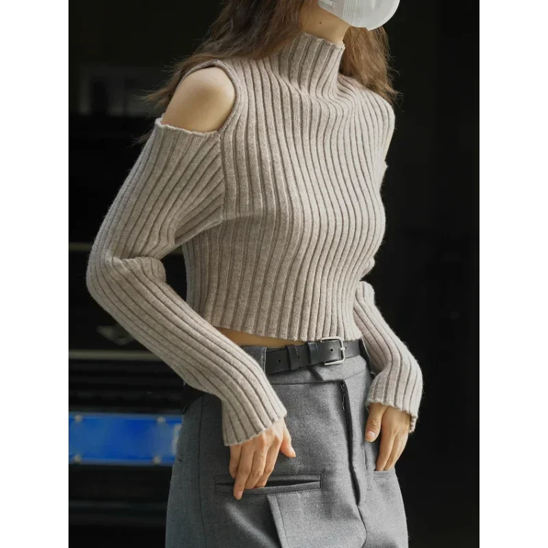 Winter Cropped Off-shoulder Sweater Short Tops Women Slim Fit Soft Hollow Hole Viscose Pullover Leisure Knitting Cut Out Clothes