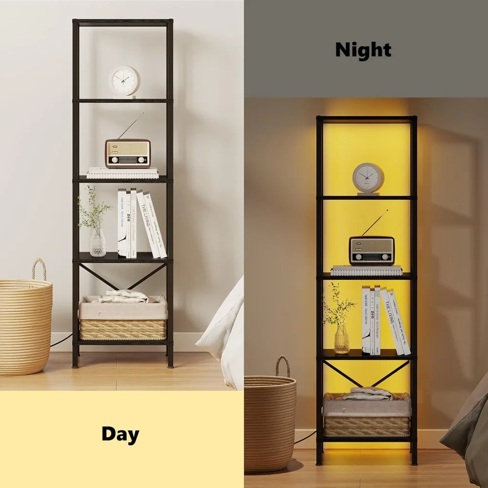 رف كتب من 5 طبقات، خزانة كتب ضيقة طويلة مع أضواء LED، رف كتب بإطار فولاذي، رف تخزين للعرض لغرفة المعيشة، سرير