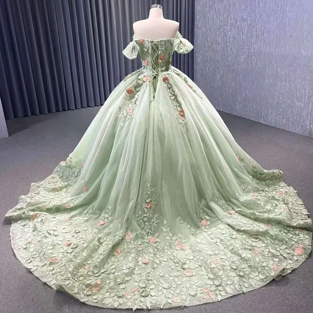 Sage Green Appliques abiti da sposa da donna eleganti con spalle scoperte fiori abiti da ballo Fashion Court Train abiti da sposa