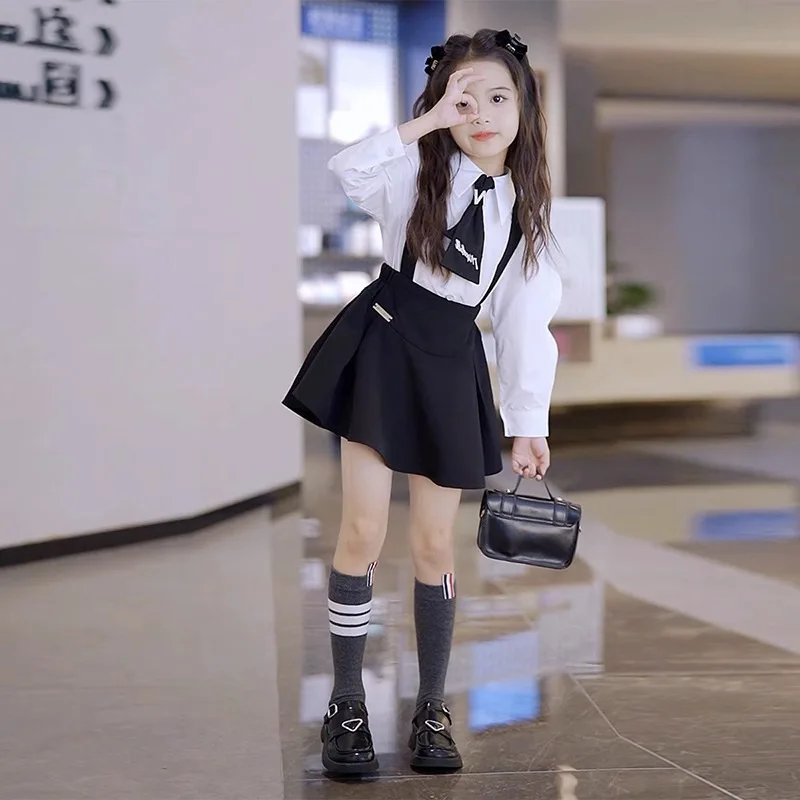 

2024New Girls' Spring and Autumn College Style Korean Fashion Fashionable Long Sleeve Shirt Suspender Skirt Two-Piece Set