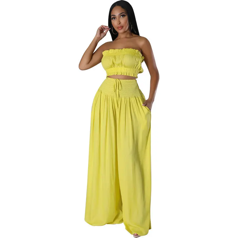 Modische 2-teilige Sets Damenkleidung Sommer Lässig Elegant Tube Top und Weite Hose Anzug Passendes Zweiteiler-Outfit – Detail 3