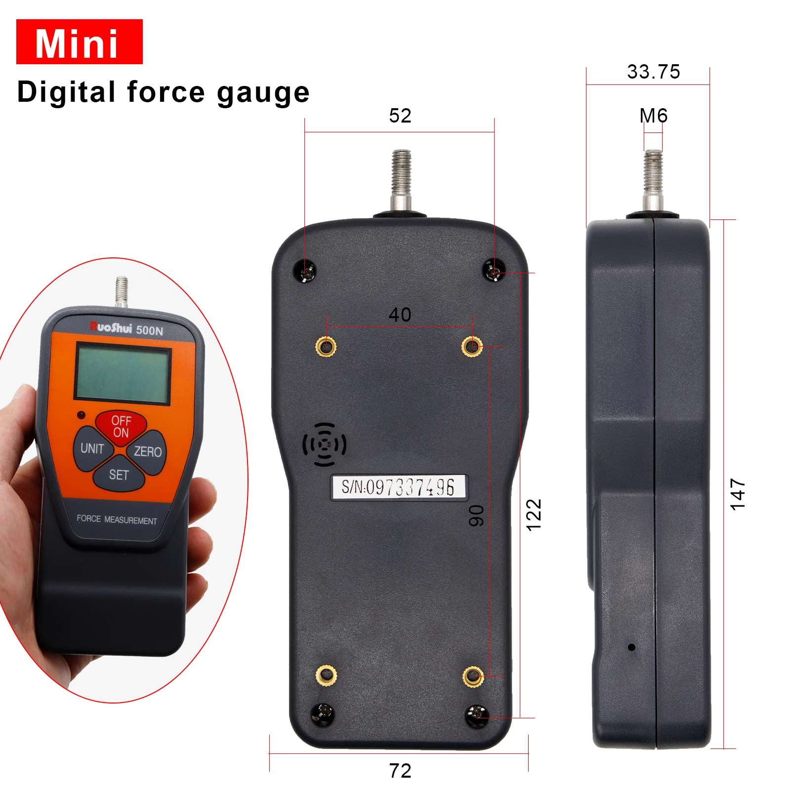 RuoShui Digita Push-Pull Meter 10N-500N Force Gauge Pro High-Precision for Tension& Compression Testing (N, Kg, Lb, Oz)Christmas