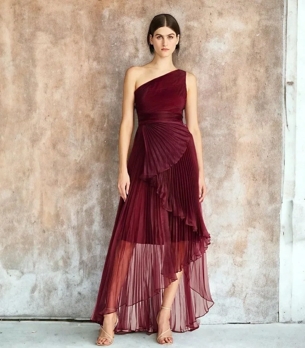 Customized Prom Dresses Casual Chiffon Ruched Pleat A-line One-shoulder Hi-Lo Dress High Quality Evening Party Gown for Women