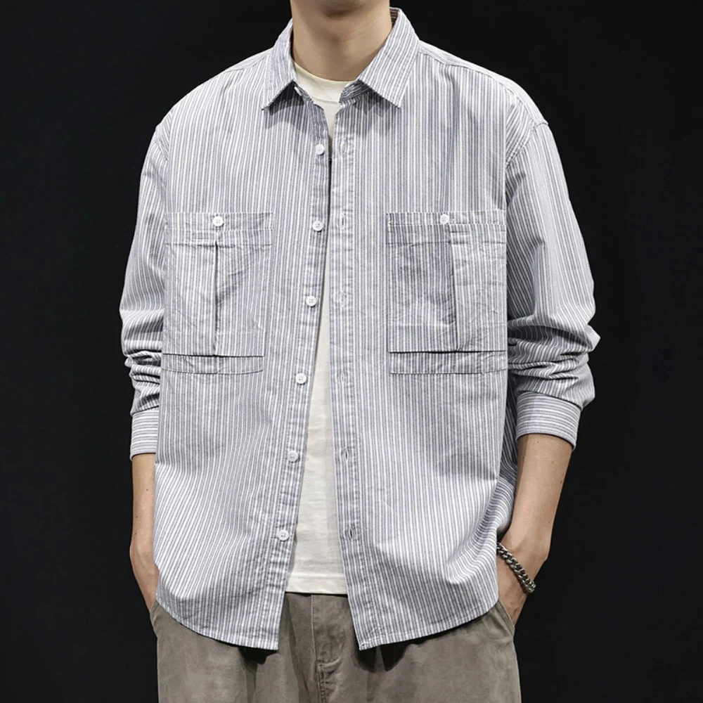 

Весенне-осенняя новая полосатая рубашка для мужчин, американское повседневное высококачественное пальто больших размеров из чистого хлопка с длинными рукавами, модное брендовое пальто больших размеров
