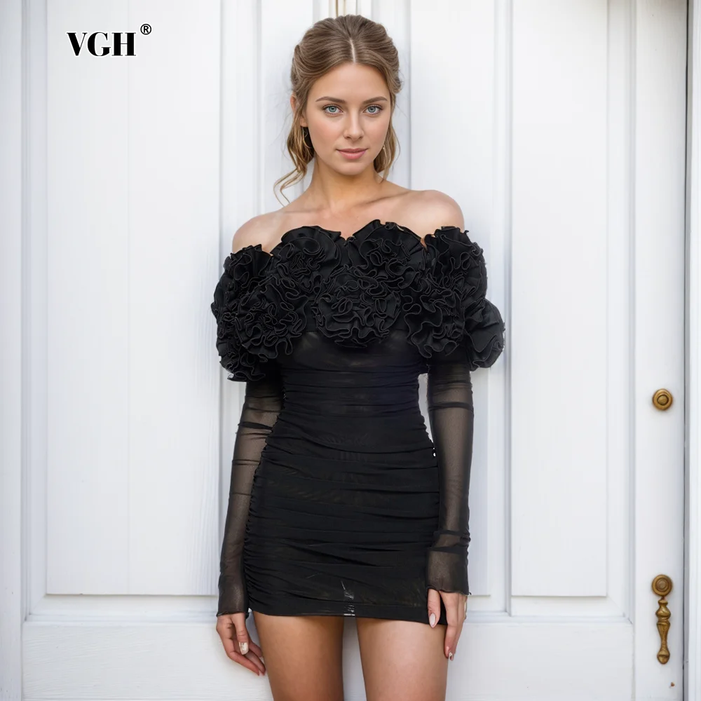 

VGH Sexy Spliced Appliques Short Dresses For Women Slash Neck Off The Shoulder Sleeve High Waist Slimming Bodycon Dress Female