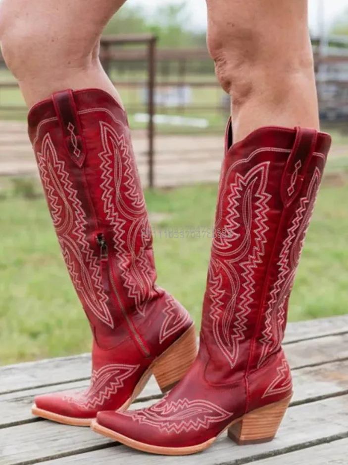 Botas Vaqueras Occidentales para Mujer, Estilo Cowboy, Punta Puntiaguda, Tacón Alto y Grueso, Altura hasta la Rodilla, Bordadas, Tacón Cuadrado, Otoño, Retro, Casuales