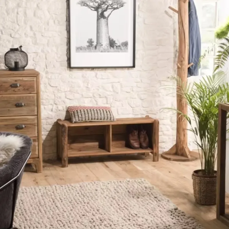 خزانة أحذية بتصميم طبقة مزدوجة، مدخل منزلي، مقعد رف أحذية خشبي #4