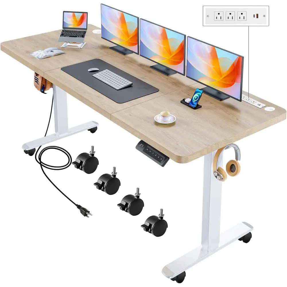 

Adjustable Height Electric Standing Desk 70x27 with Charging Station, Wheels, 2 USB Ports, 3 Outlets, 27-46 Range