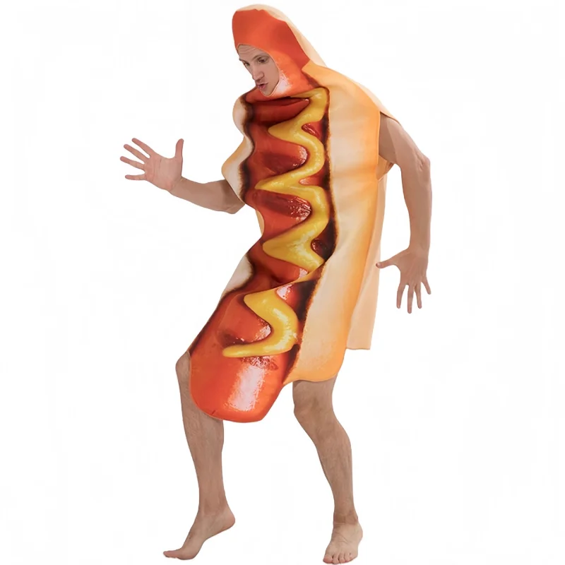 Adult Hot Dog Costume One Piece Hooded Sleeveless Funny Food Cosplay Jumpsuit For Halloween Party Carnival Fancy Dress Up Unisex - view 3
