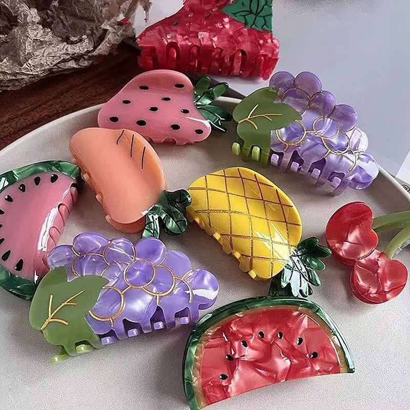 Acetate Cute Summer Vegetable Fruit Hair Clip Watermelon Lemon Cherry Hair Claw Fashion Shark Clips For Women Hair Accessories