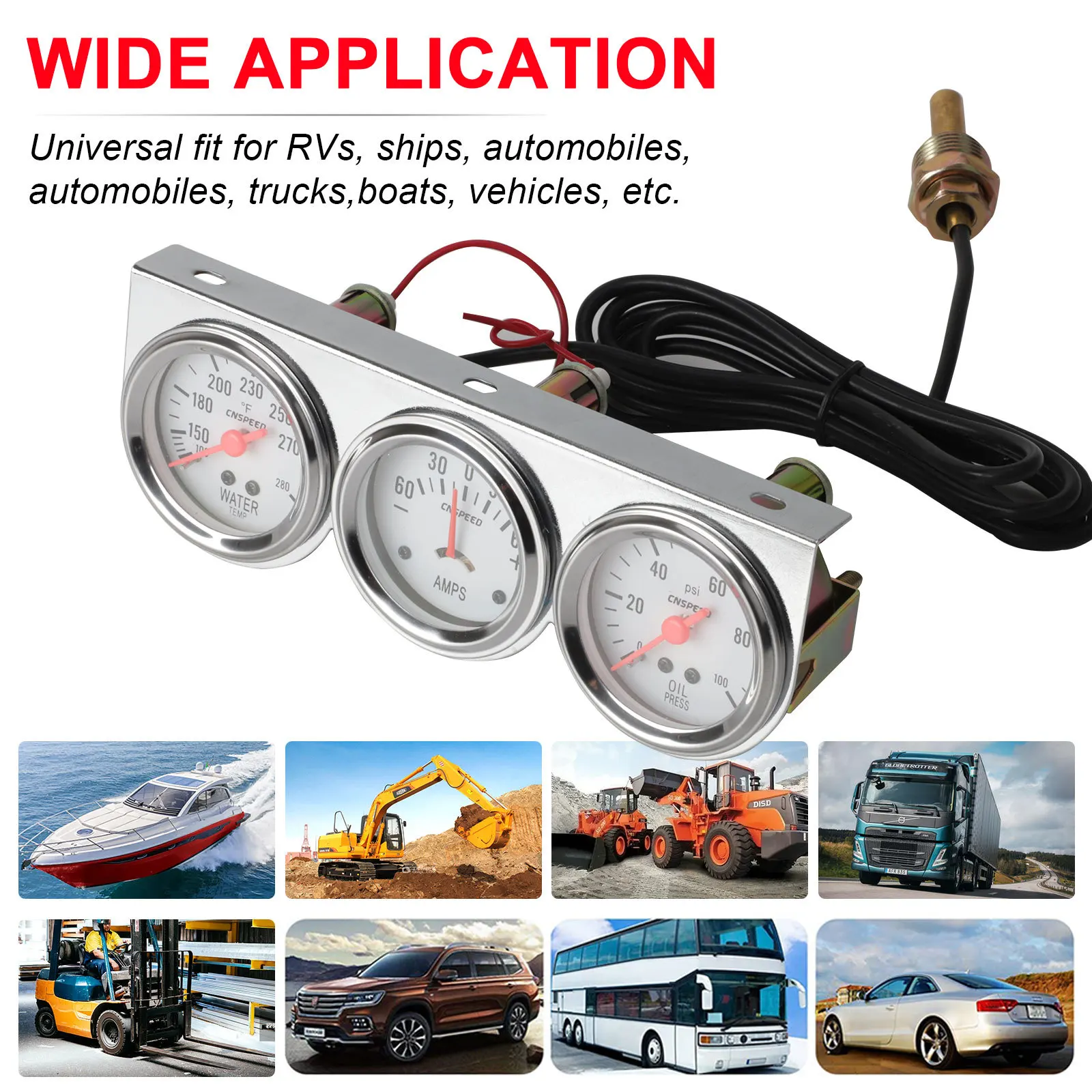 Water Temp Amp Meter Gauge With Sensor Triple Gauge Set Mechanical Chrome Panel Oil Press 52mm Auto Car Oil Pressure - view 5