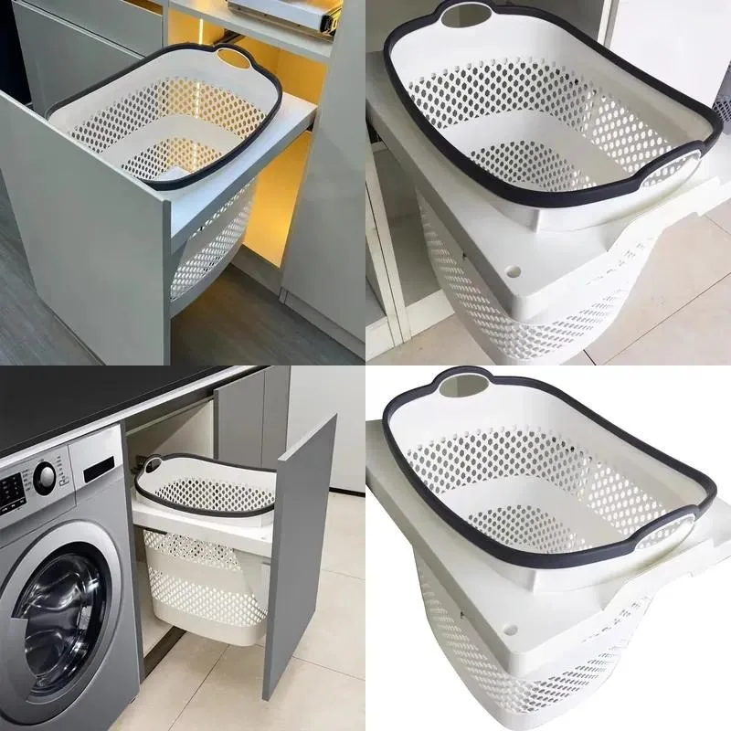 Built-in Washing Machine Cabinet with Laundry Basket Bathroom Storage PP Material Top Door Type Dryer Rack