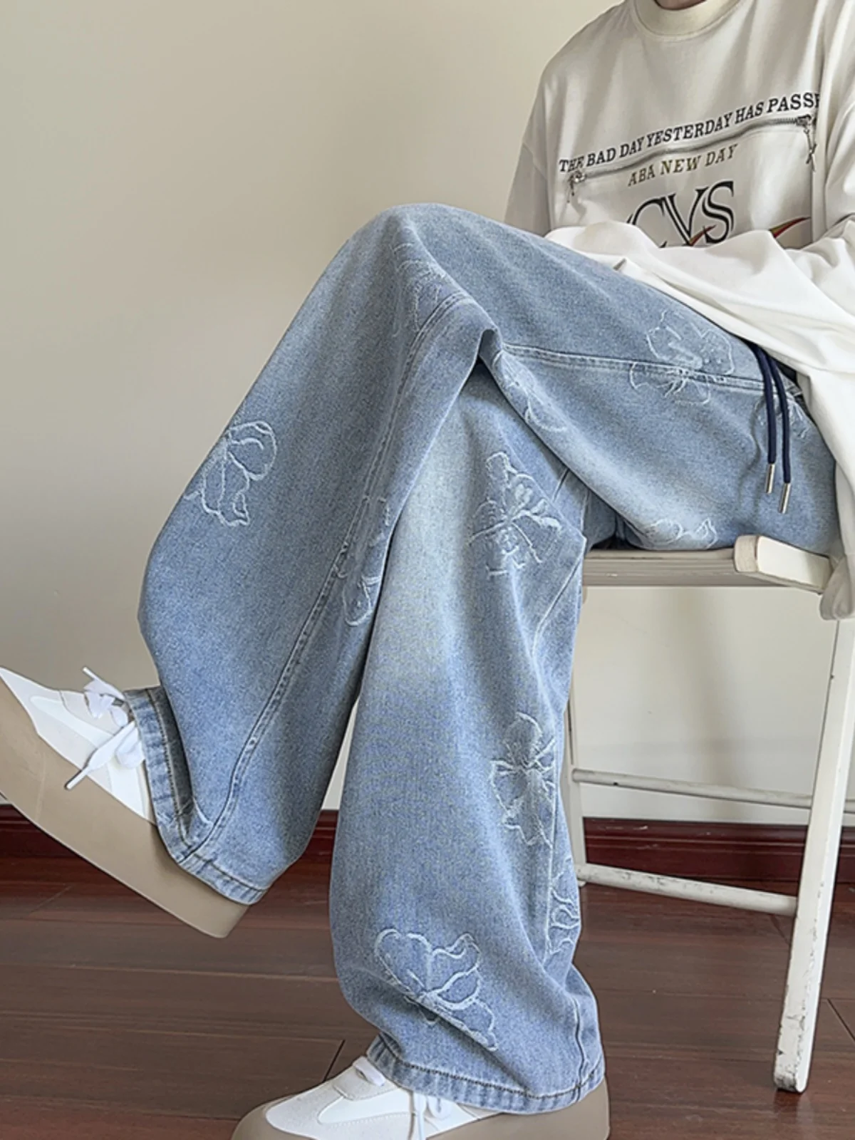 

Мужские джинсы в стиле ретро с американским цветочным принтом, свободные прямые брюки с широкими штанинами, повседневные длинные брюки, осенняя уличная трендовая молодежная одежда