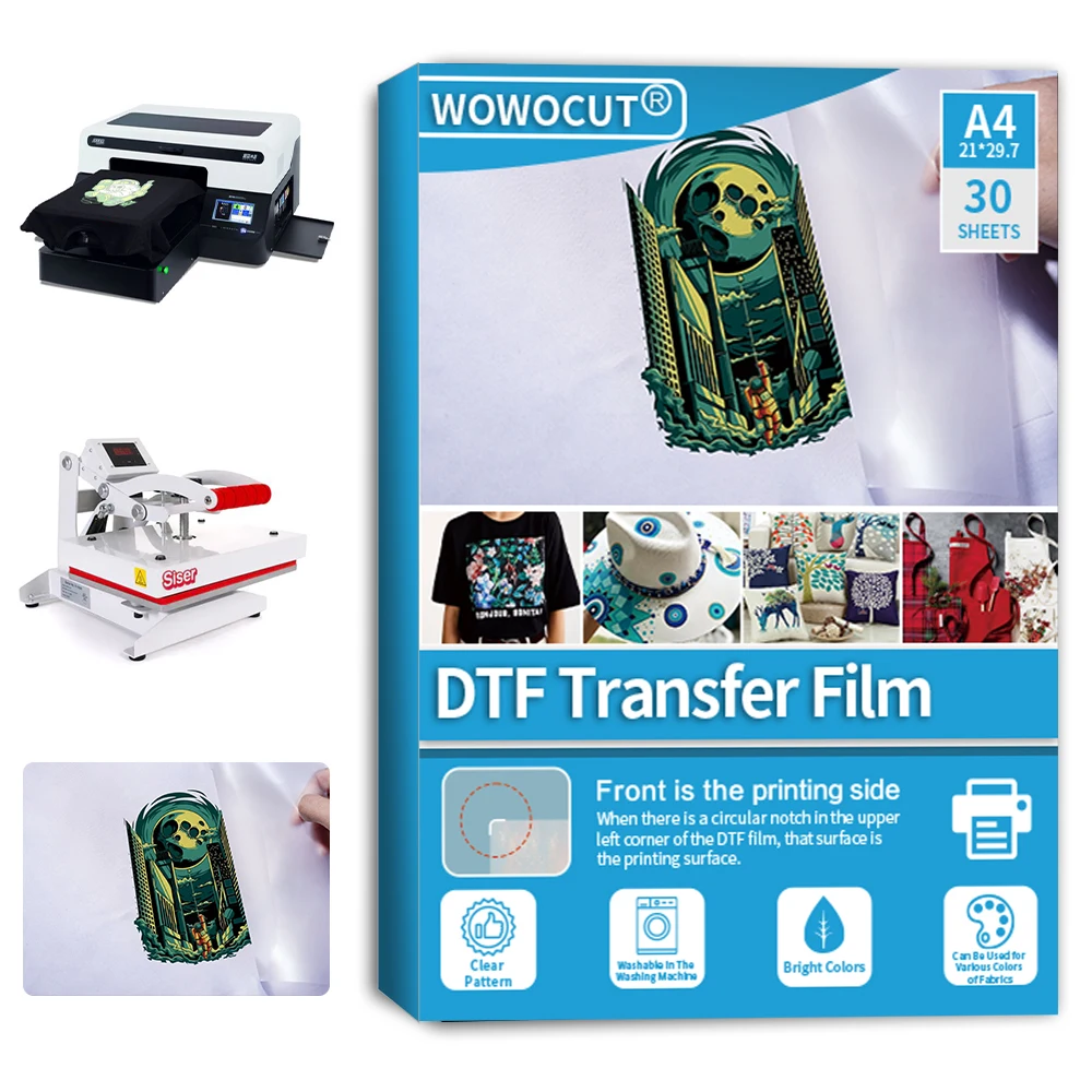 WOWOCUT-película DTF PET A4 para camisetas, cabezal de impresión DTF, papel de tinta de sublimación, R1390, L1800, DX5, L805, 30 Uds.