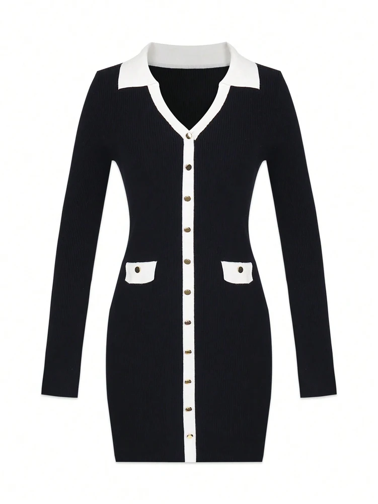 

Autumn/Winter New Arrivals Elegant Contrast-Colour Waist-Defining Slimming Dress Metal Buckle-Adorned Versatile Knitwear Women's