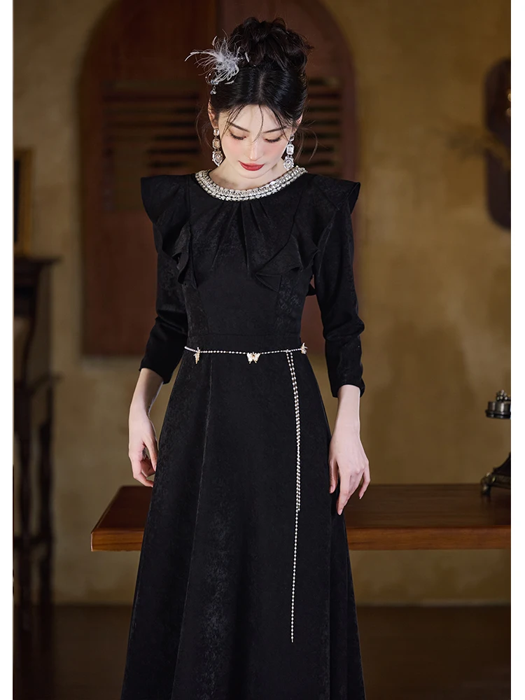 

Ele Bla Velvet Evening Gown Women's High Quali Faionable Long Dr Acrylic Diamond Embellied A-Line Skirt